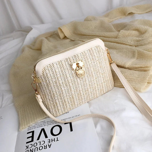 Woven Straw Crossbody Bag for Women – Lightweight Bohemian Beach Bag with Adjustable Strap in Light Brown and White