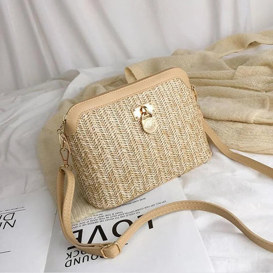 Woven Straw Crossbody Bag for Women – Lightweight Bohemian Beach Bag with Adjustable Strap in Light Brown and White
