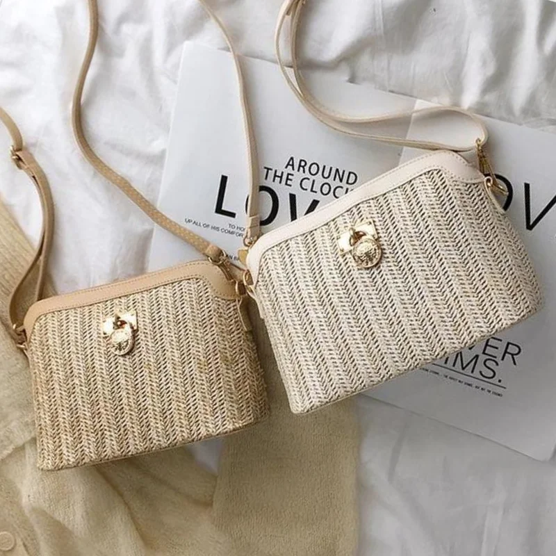 Woven Straw Crossbody Bag for Women – Lightweight Bohemian Beach Bag with Adjustable Strap in Light Brown and White